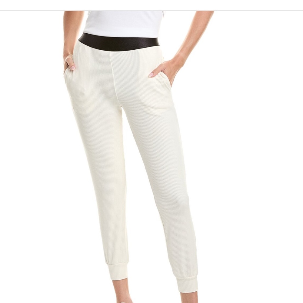 Ribbed Cream Track Pants with Black Waistband